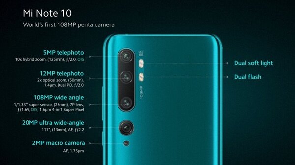 Xiaomi Mi Note 10 – первый в мире смартфон с основной камерой 108 Мп. Также есть два телефото модуля (один с упором на портреты, второй – на оптический зум), сверхширокоугольная и макрокамера