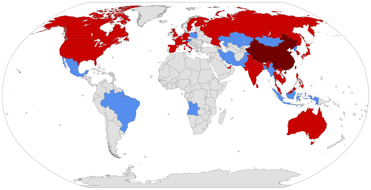 Страны  в которых был замечен  2019-nCoV.