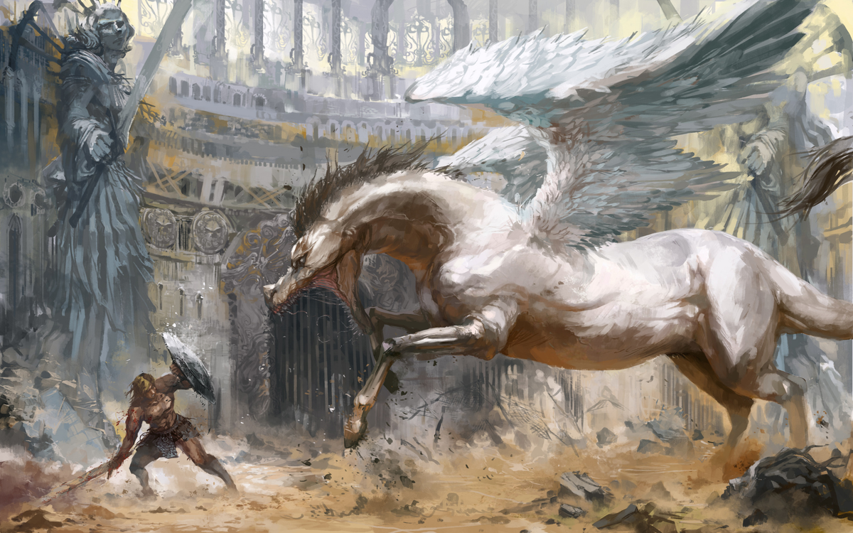 Легендарные лошади. Лебер мифологический конь. Конь фэнтези. Сражение фэнтези. Живопись фэнтези.