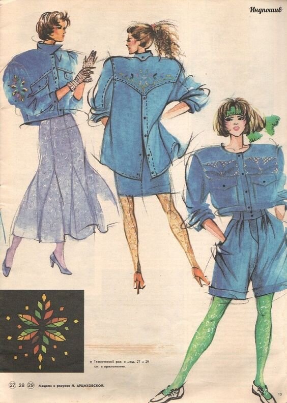 Деним 1980х из русского журнала. Момент, когда дизайнеры и проверяющие дизайнеров комиссии были вынуждены признать неизбежность влияния Запада.