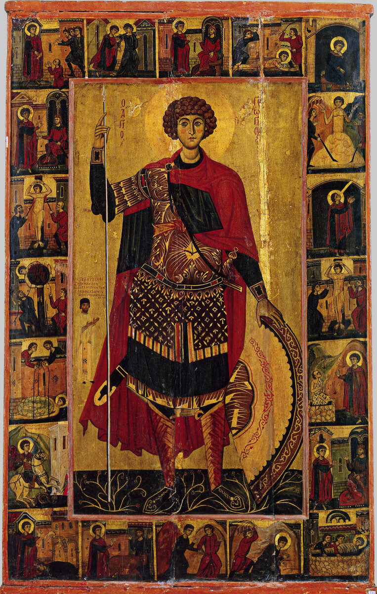 Икона со святым Георгием. На боковых полях изображено его житие