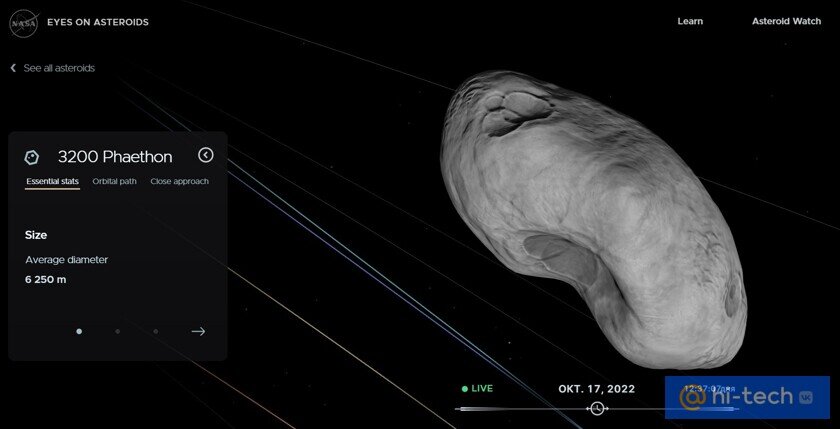    У NASA есть бесплатный сервис для отслеживания всех потенциально опасных астероидов Земли. Он называется Eyes on Asteroids. На фото скриншот Фаэтона с этого сайта. Источник: eyes.nasa.gov