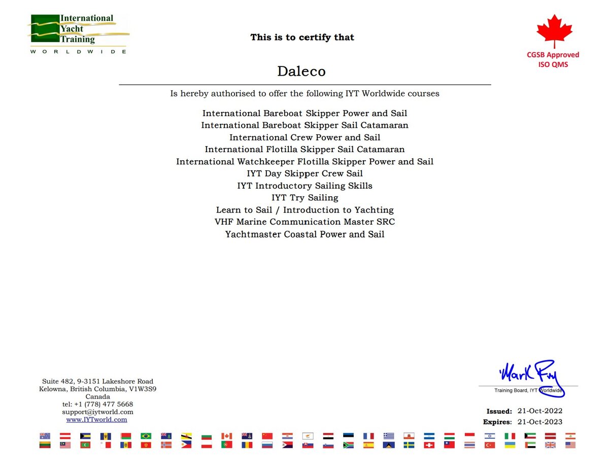 Сертификат, подтверждающий право школы проводить обучение шкиперов парусно-моторных судов и катамаранов, матросов, шкиперов флотилии, радио-операторов, проводить повышение квалификации до yachtmaster coastal и обучать детей.