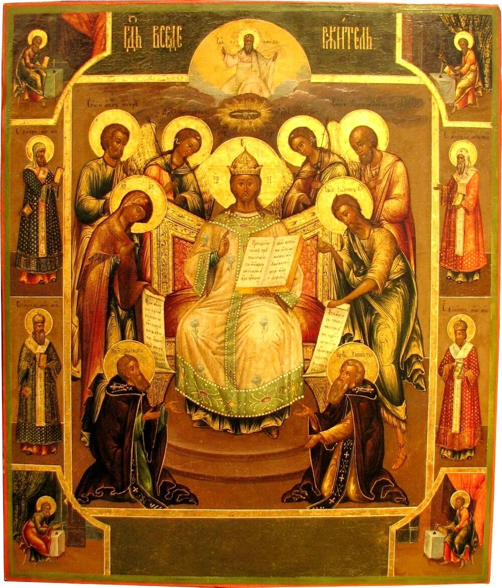 Господь Вседержитель с предстоящими святыми. Палех, 19 век. Фото из свободных источников.