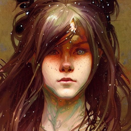 A portrait of a cute girl with bronze hair and glowing eyes by greg Rutkowski and artem demura and krenz cushart and alphonse mucha, surrounded by indescribable horror from the depths of space, highly detailed happy face, beautiful body, handsome goddess, masterpiece, by Howard Phillips Lovecraft, high quality, trending on artstation, cinematic light, fireflies, fog, perfection