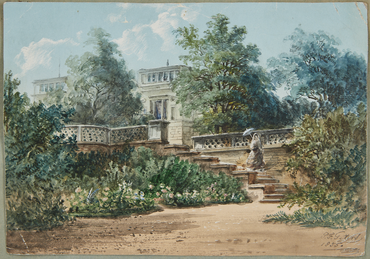 ПЕТЕРС Питер Френсис II (1818–1903) Дворец Е.И.В. герцога Лейхтенбергского. Петергоф. 1855 Бумага грунтованная, акварель, графитный карандаш. 13,6 × 19,5
