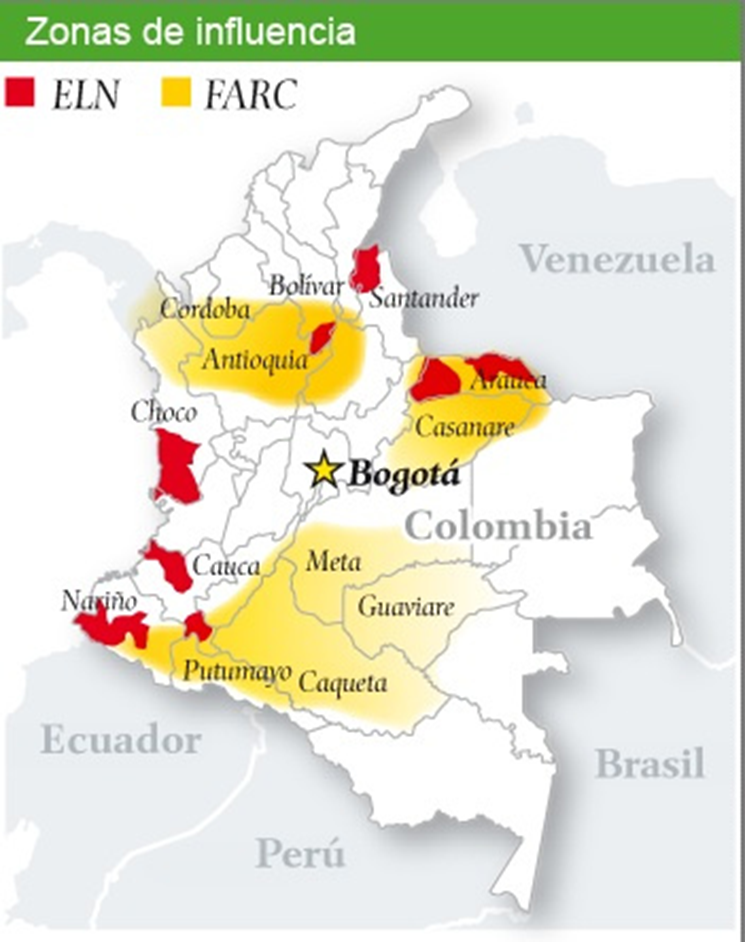 Районы действий ELN и остаточных структур FARC