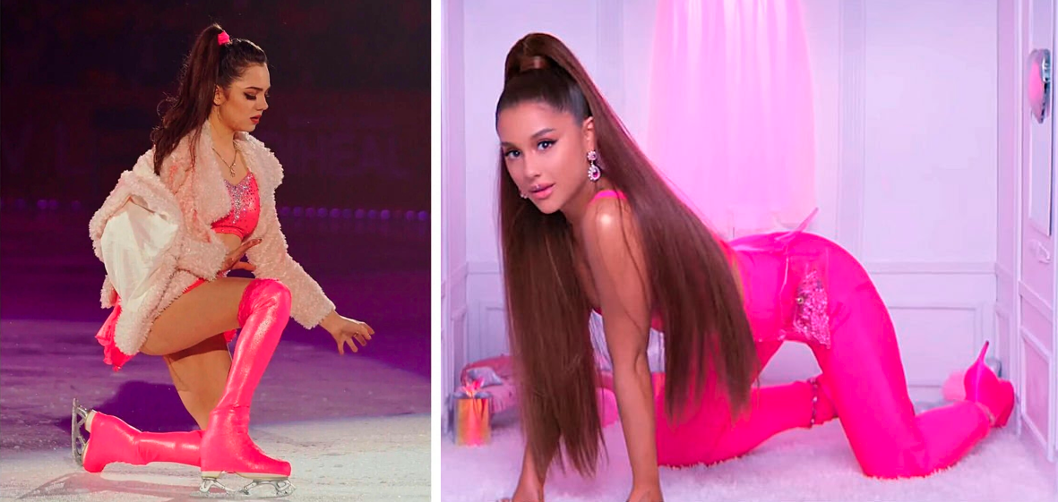 Женя на шоу и кадр из клипа Арианы