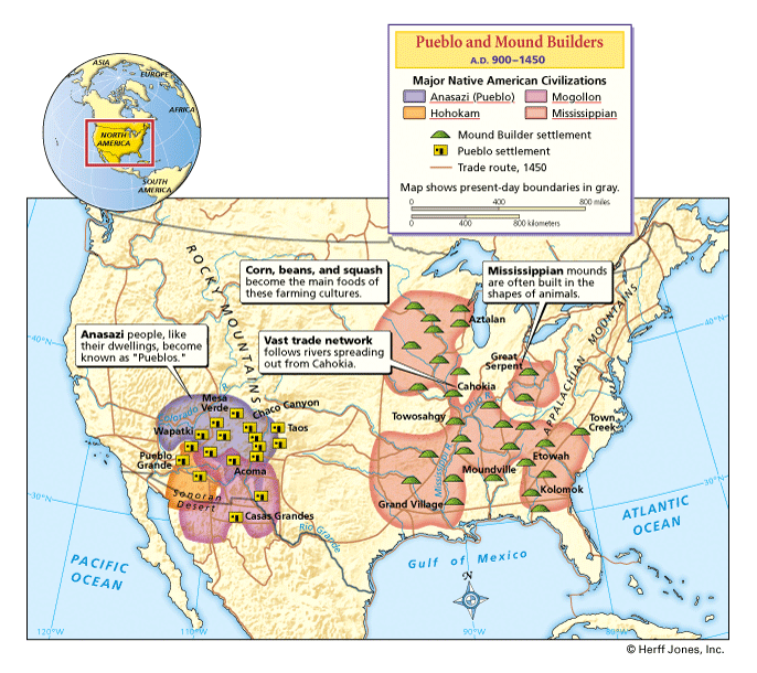 Культуры Северной Америки с торговыми путями и крупнейшими поселениями.