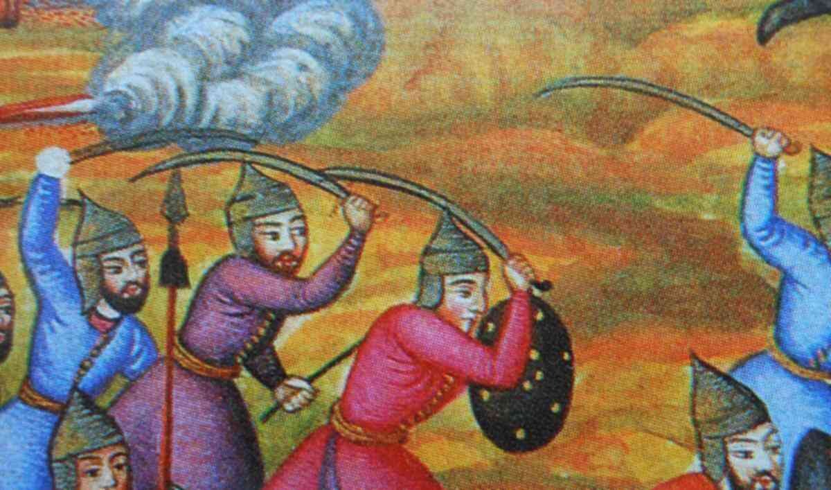 Илл. 1. Персидские воины с шашками в руках (фрагмент миниатюры из Тарик-и-Надири, 1759 г.). 