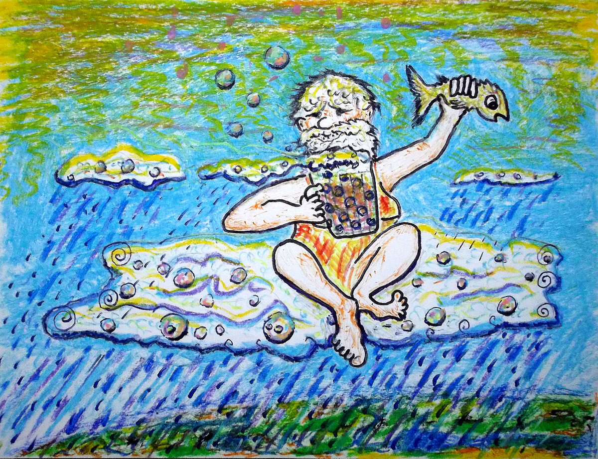 Картина написана козой Машкой, псом Бобиком, котом Барсиком. Краски смешивал дед Егор. Полы отмывала баба Груня. "Нептун на небе". Бумага, пастель, фломастеры, карандаш, масло, мёд, йод, уголь, варенье, горчица, имбирь молотый, лук, чеснок и т.д.