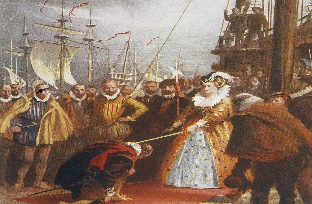 королева Англии Елизавета Бесс, благословляет пирата Дрейка на грабежи и убийства