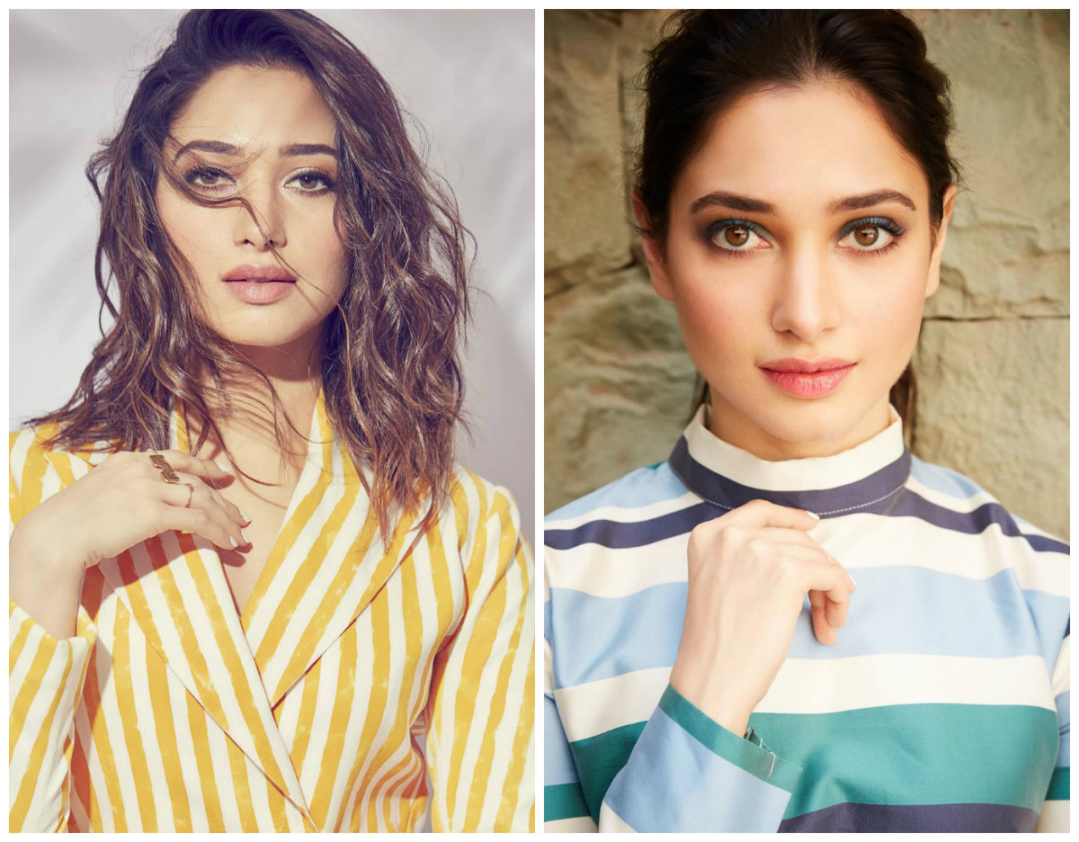 Таманна Бхатия в полосатом костюме и Таманна в полосатом свитшоте / источник всех фото: Инстаграм Таманны