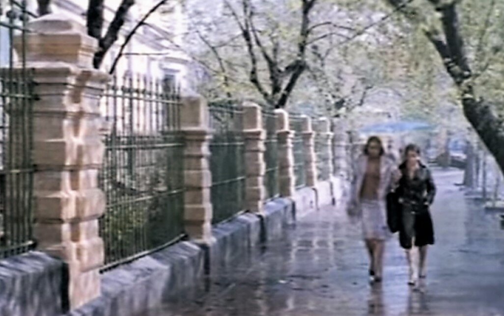 У ограды НИИ по изысканию новых антибиотиков имени Гаузе.  Кадр из фильма.