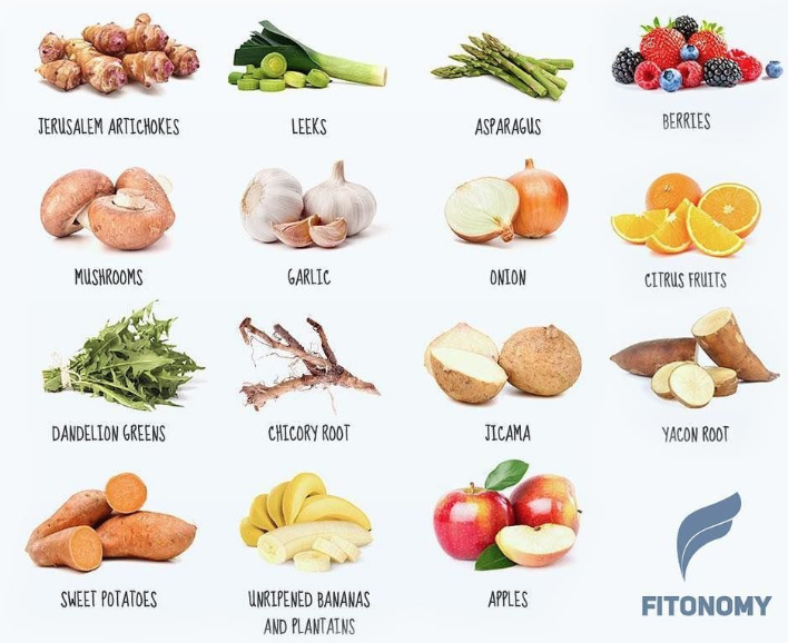 Топинамбур, лук-порей, спаржа, ягоды, грибы, чеснок, лук, цитрусы, одуванчик, цикорий, корень сельдерея, якон, батат, бананы, яблоки