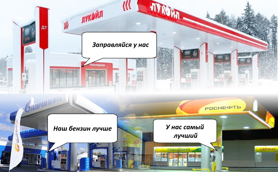 На фото несколько популярных по всей России АЗС, Газпром, Роснефть, Лукоил