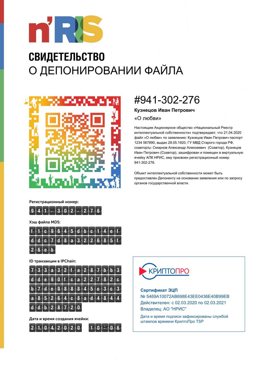 Образец свидетельства о депонировании АО "НРИС". Источник: https://nris.ru/docs/certificate-example.pdf  