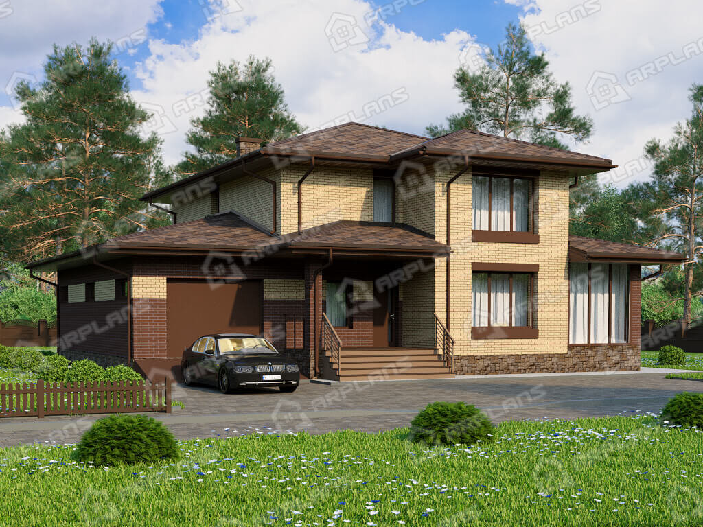 Фото 1 двухэтажного дома из газобетона с 4 спальнями, газовой котельной, гаражом и террасой. Общая площадь 246 кв м. Источник arplans.ru Проект К-364