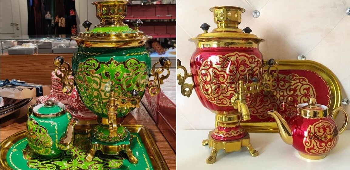 Самовары, расписанные традиционными казахскими узорами. Фото: Instagram/samauryn_tamaraassar