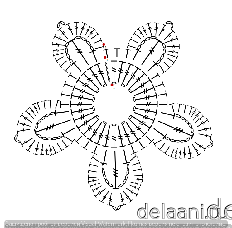 Схема цветка с пятью лепестками в технике "Ирландское кружево"