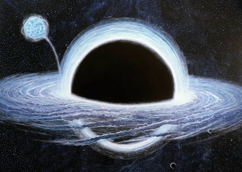 Художественное представление, как черная дыра поглощает нейтронную звезду