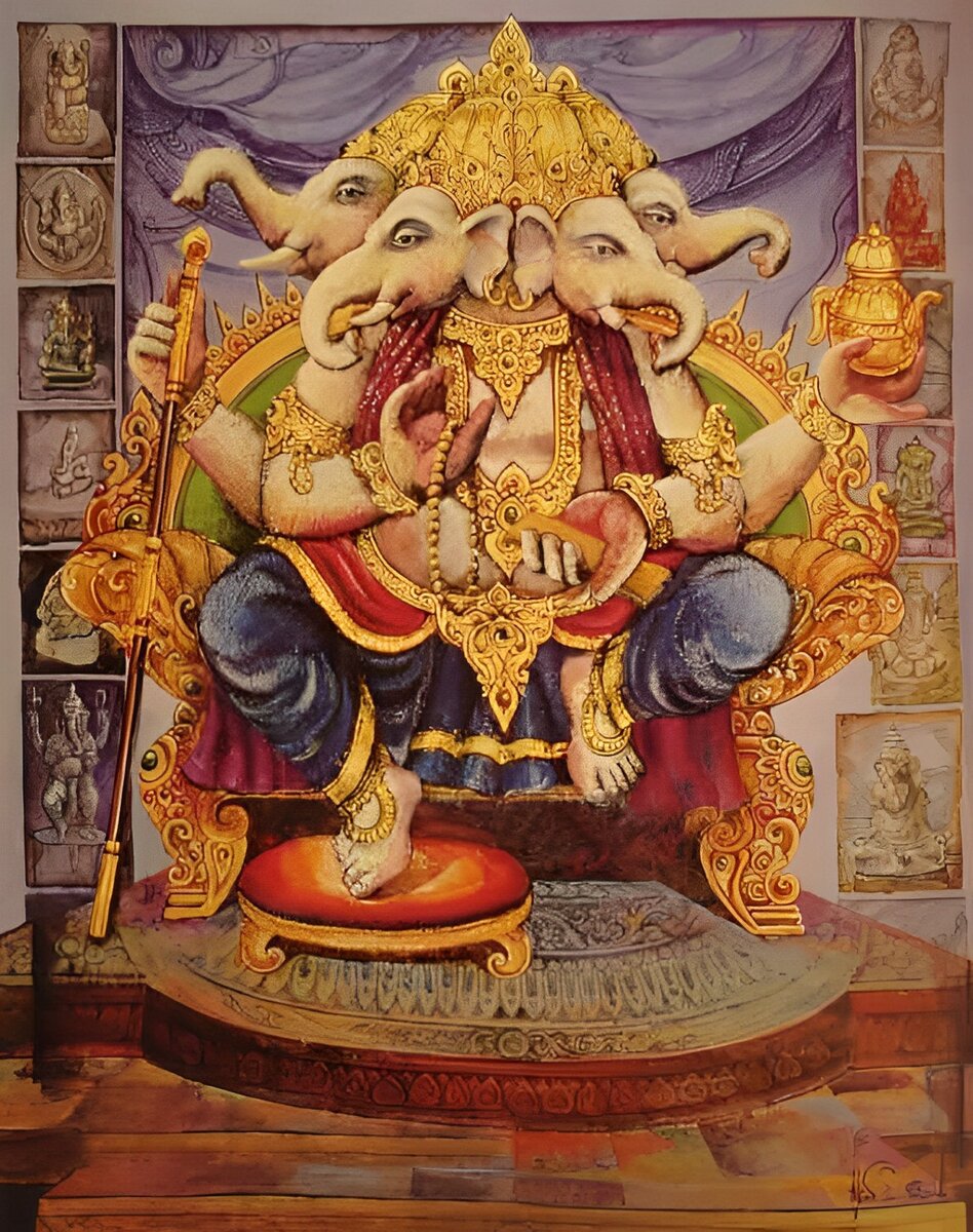 Чаще всего Ганеша восседает на лотосе или симхасане (троне). Поза называется лалитасана, в которой одна нога сложена, а другая свободно стоит на земле. Фото: pikabu.ru