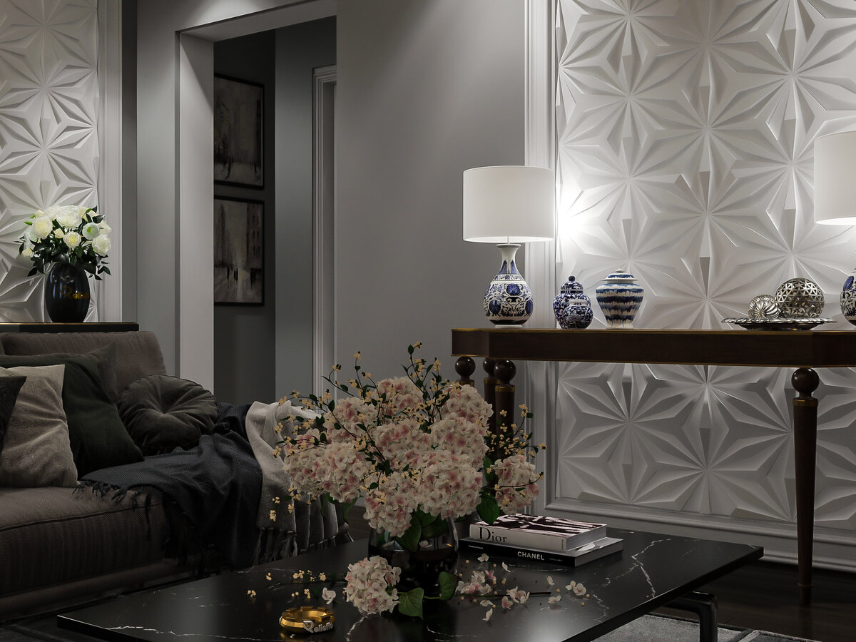 Гостиная с применением стеновых 3D панелей из пенополиуретана "Fantasy" от бренда Relieffo