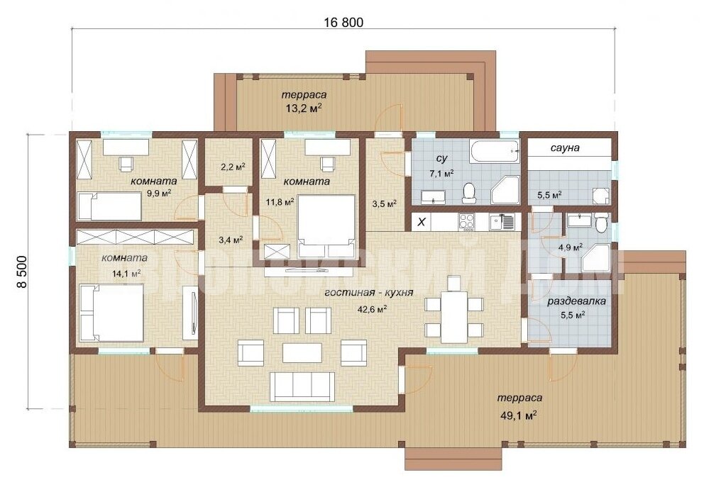 Удивительно продуманный одноэтажный дом с 3 спальнями площадь. 107 кв.м.