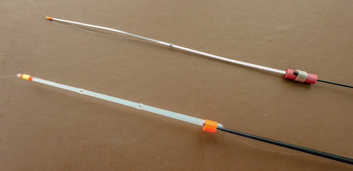 Фото автора. Кивки для безмотылки. Вверху металлический. Внизу лавсановый.