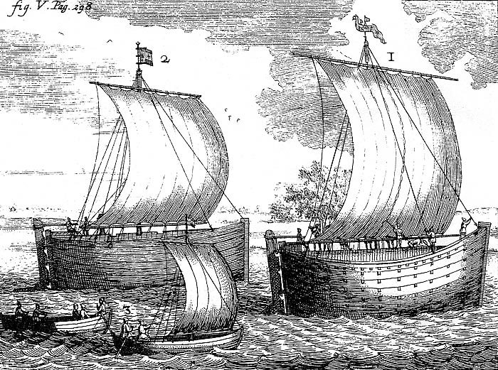 Бусы и струги на Каспийском море. Из книги Н. Витсена "Северная и Восточная Татария" (Амстердам, 1692)