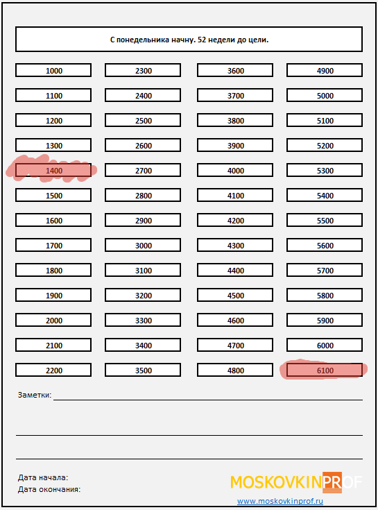 Таблица к челленджу "52 недели до цели"