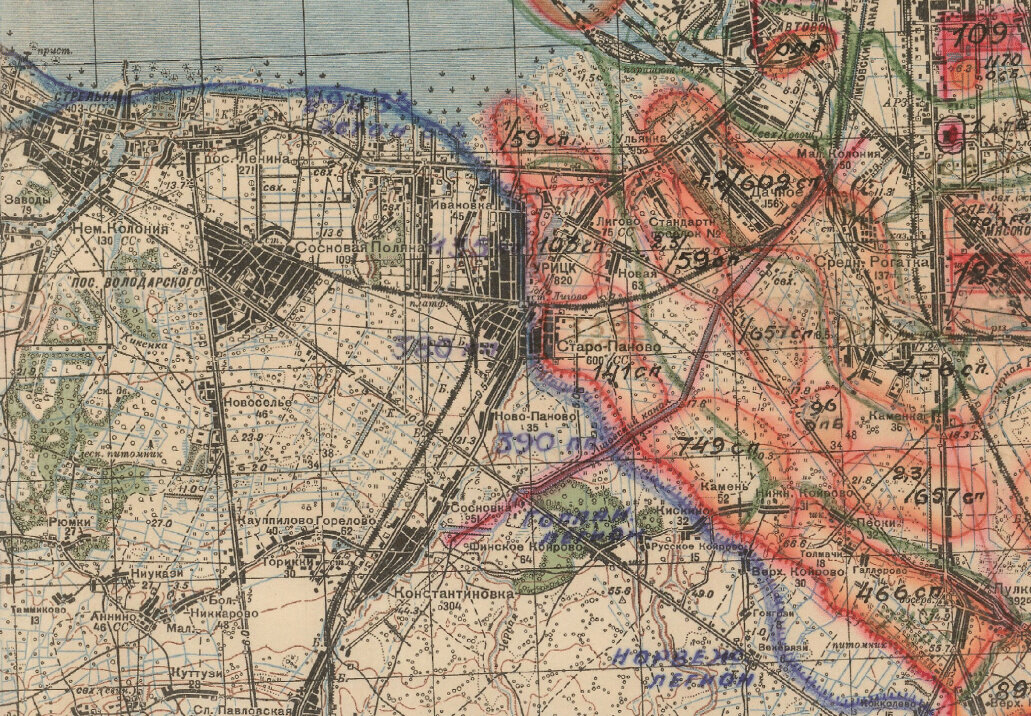 Часть карты Ленинградского фронта с нанесённой обстановкой.