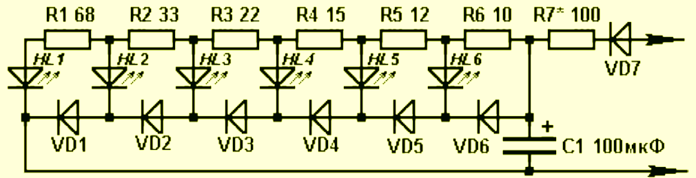 Схема светодиодного индикатора напряжения