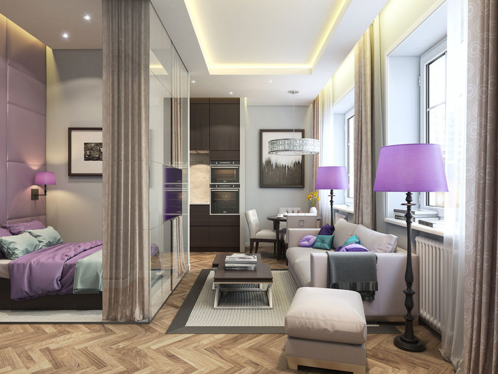 Дизайн однокомнатной квартиры полностью зависит от стилистических предпочтений. Разными могут быть цвета, покрытия, декоративные материалы.
Фото с сервиса Яндекс.Картинки