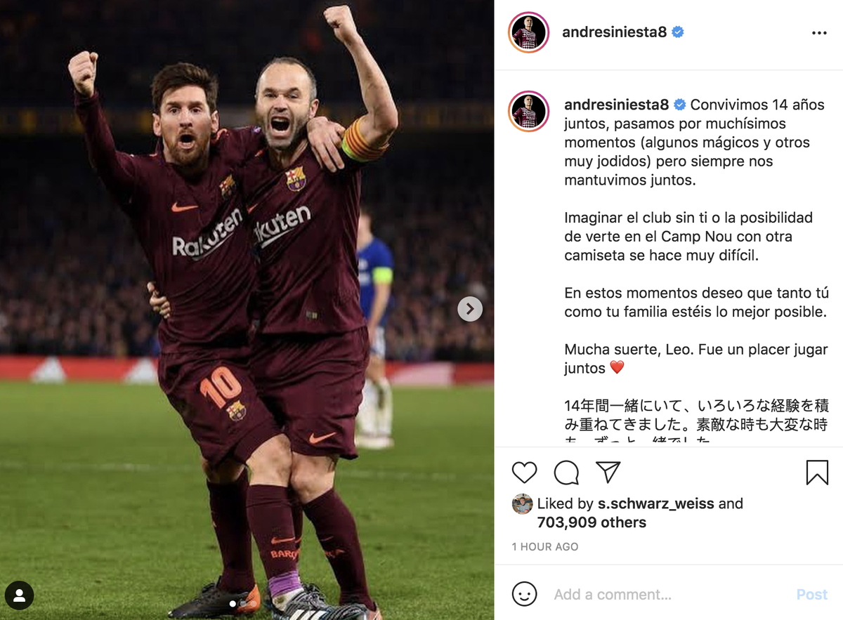 пост Иньесты посвященный уходу Месси