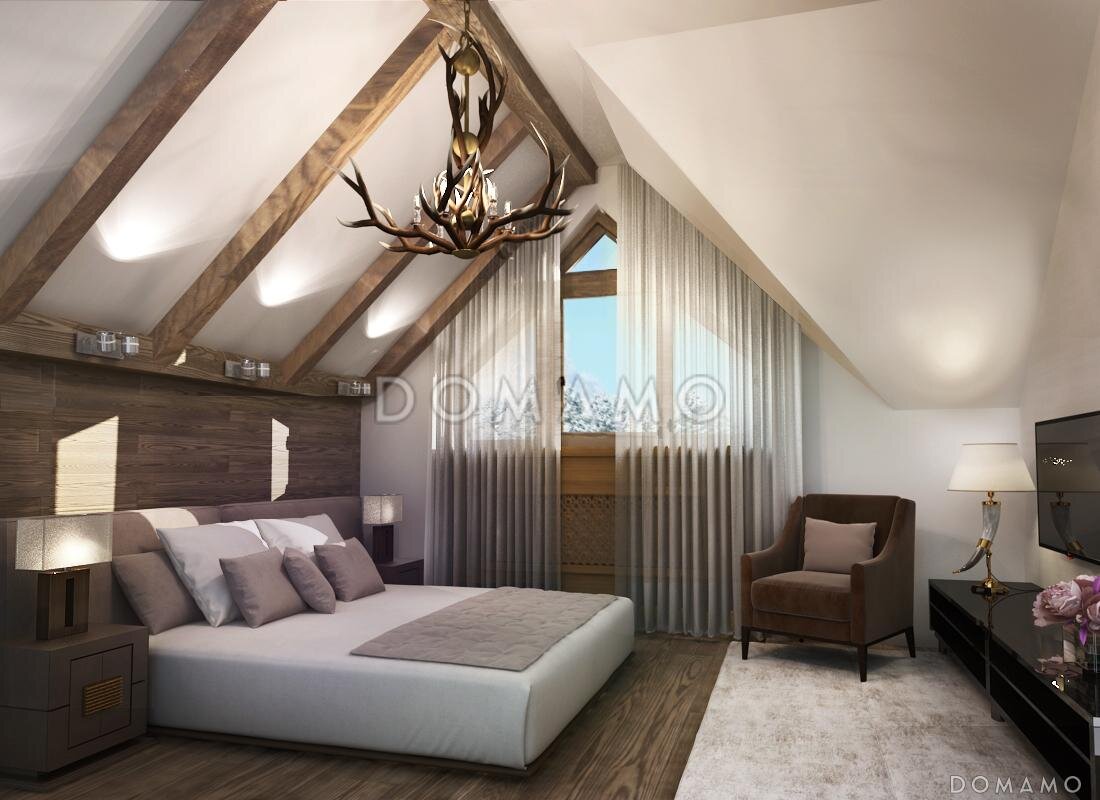 Интерьер спальни на мансарде (для просмотра фото листайте галерею)