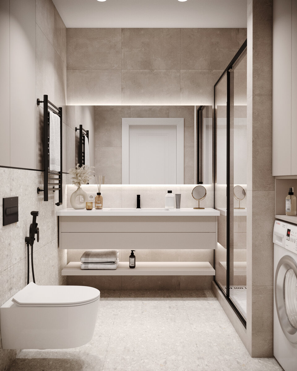 Места хранения расположены под раковиной, над инсталляцией и над стиральной машиной, что позволяет размещать вещи на своих местах.