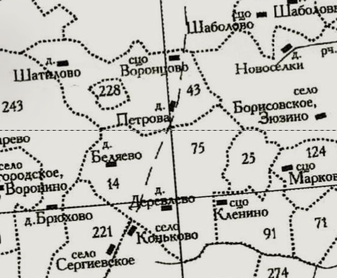 Село Воронцово на восстановленной карте Московской губернии 1766 года. С сайта www.retromap.ru.