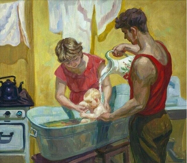 Советский плакат. "Купание", 1962 г Масло. Художник- Хохловкина Эльза. Источник: https://yandex.ru/images/