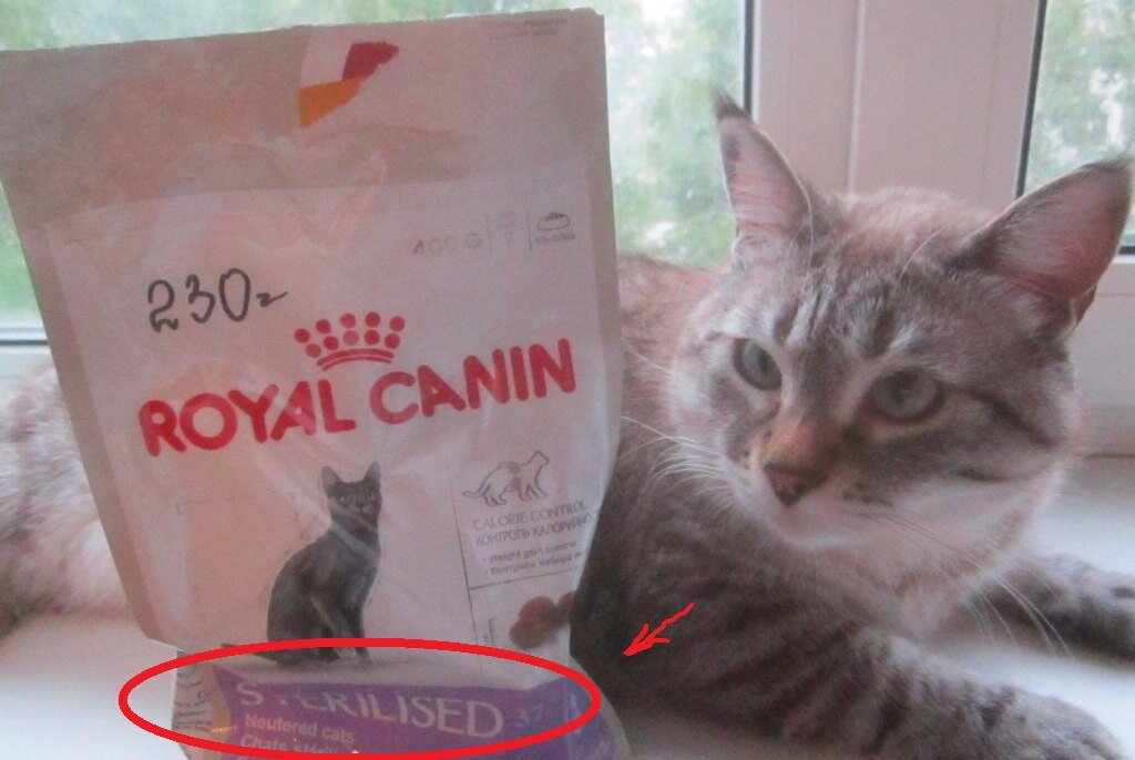 Я с кормом. Надпись "STERILISED" означает, что корм для кастрированных котов. 