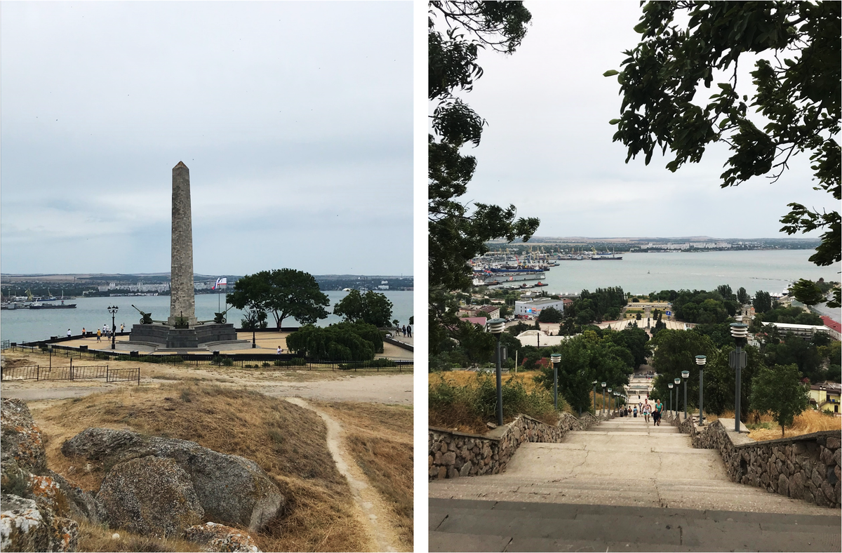 Гора Митридат и обелиск Славы, 347 примерно ступеней, на машине можно сразу на гору заехать и не топать вверх по ступеням, но в тоже время интересно их преодалеть, поскольку с каждой ступенькой открывается великолепная панорама города и Керченского пролива. (листайте вправо)
