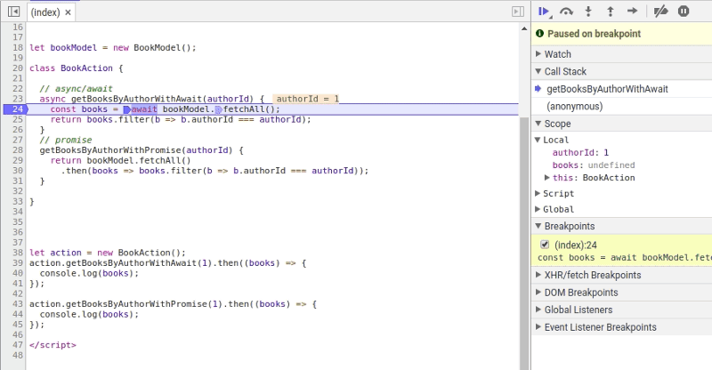 Отладка функции async. Отладчик сделает остановку на строчке await, а когда дождется выполнения функции, двинется к следующей