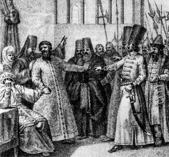 Насильственное пострижение Василия Шуйского в 1610 г. Гравюра. Худ. П. Иванов