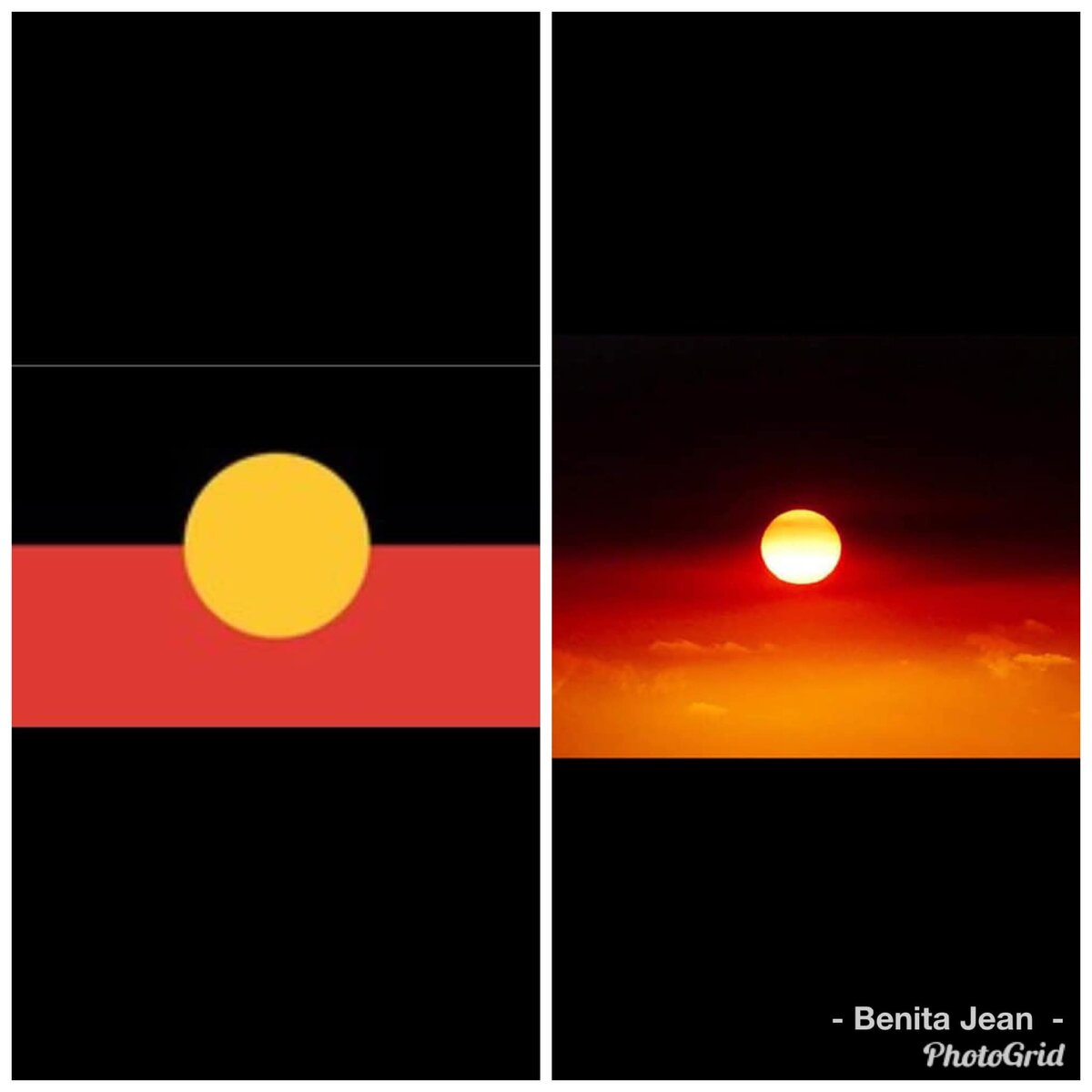 Слева флаг аборигенов, справа небо Австралии во время пожара 