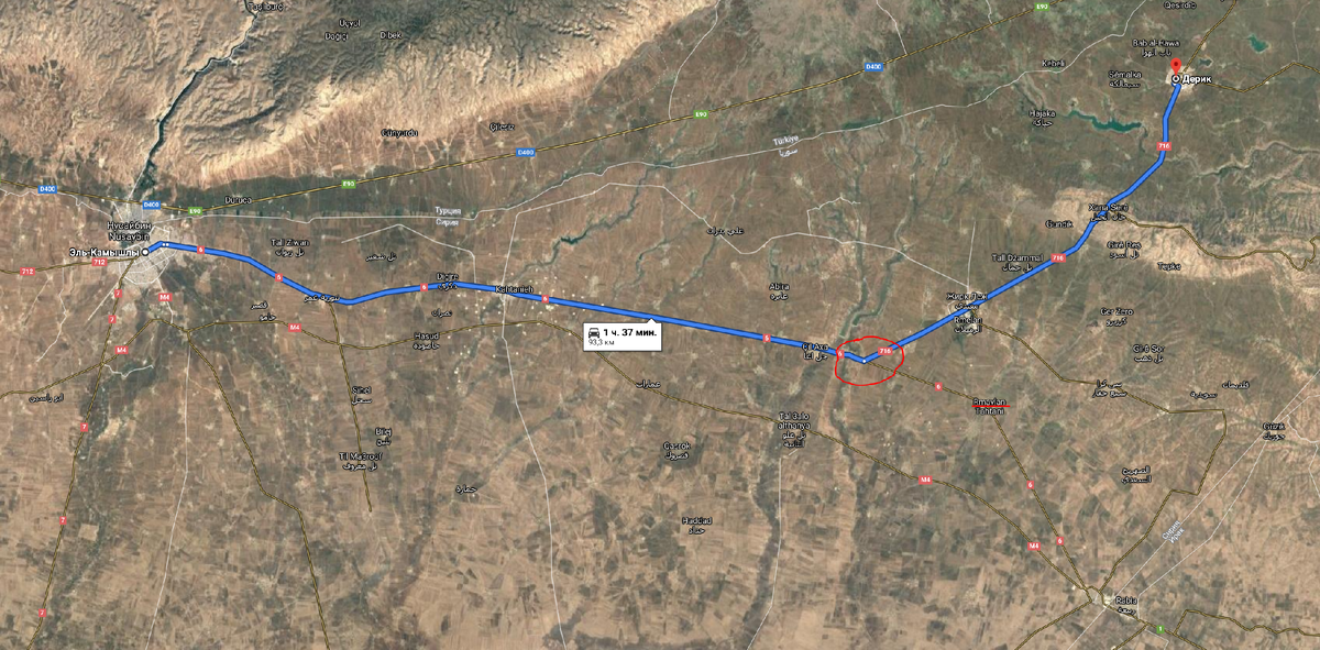 Маршрут патрулирования российской военной полиции эль-Камышли - Дерек (эль-Маликия). На перекрёстке с дорогой на ар-Румейлан движение блокировал американский военный патруль.