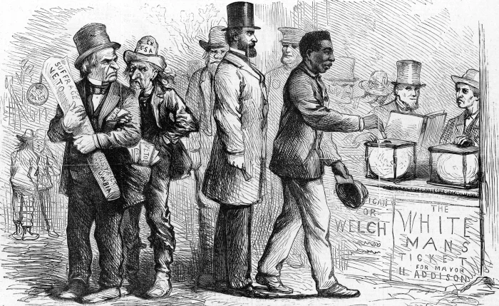 Политическая карикатура 1867 года, изображающая афроамериканца, голосующего во время выборов в Джорджтауне, на которого Эндрю Джонсон и другие гневно смотрят.  