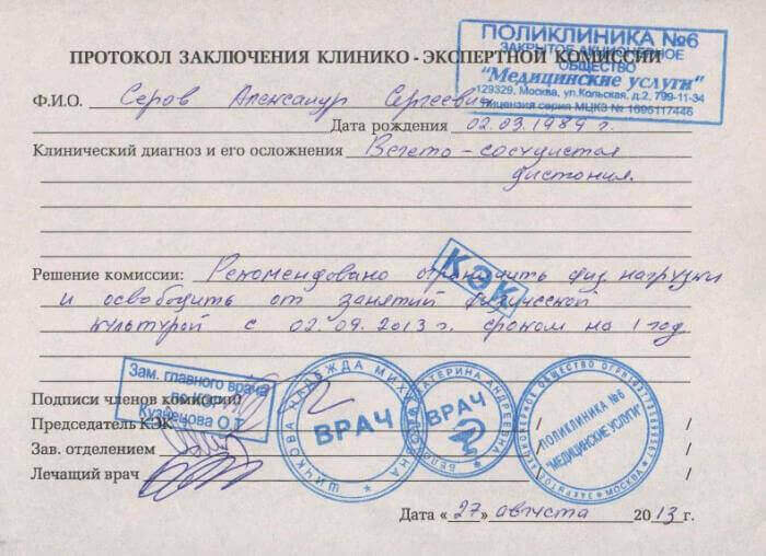 Справка об освобождении от физкультуры. Иллюстрация из открытых источников