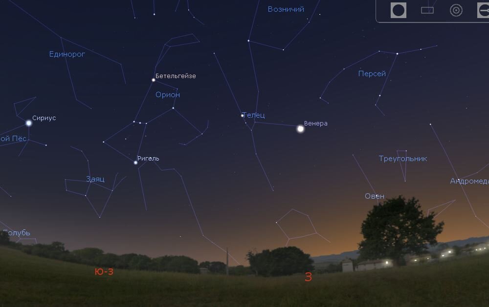 Вид звездного неба на 20-00 по мск для широты Крыма. Моделирование выполнялось в программе Stellarium