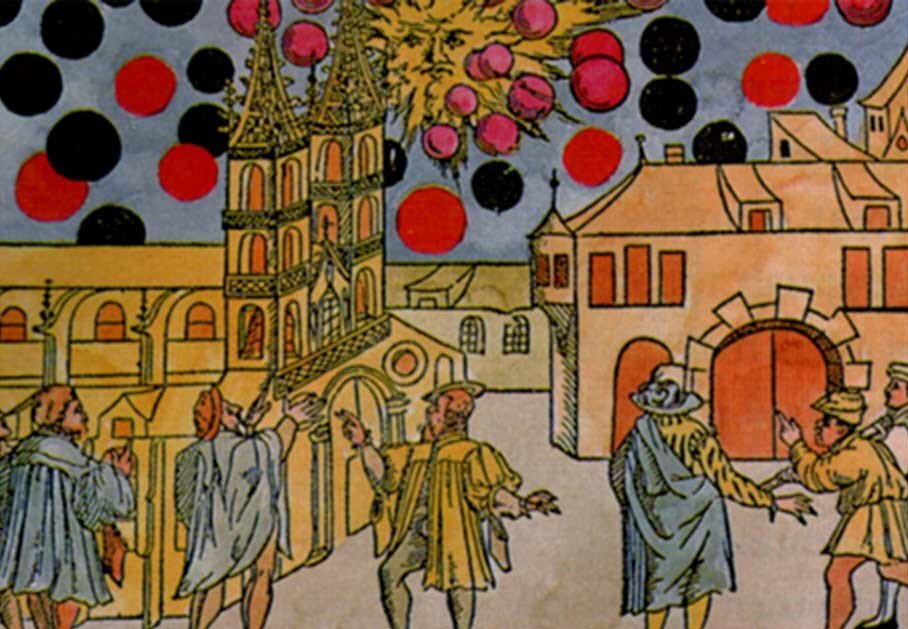 Гравюра Сэмюэля Кокциуса, Базель, Швейцария, 1566 год. 7 августа, множество черных шаров двигалось перед солнцем с огромной скоростью и, казалось, сражалось. www.ancient-origins.net