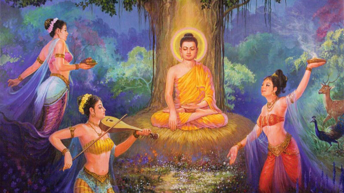 Будда призывает Землю в свидетели в окружении трёх дочерей Мары: желания, влечения и отторжения (SN 4.25)